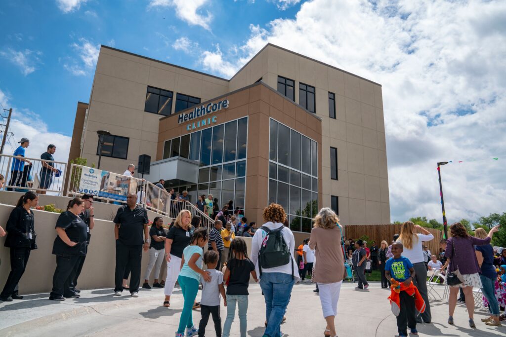 HealthCore Clinic building during the grand opening event